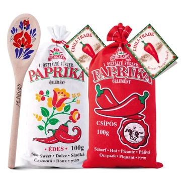 I. osztályú fűszerpaprika őrlemény 1x100g édes 1X100g csípős vászonzsákban + 1 db fakanál
