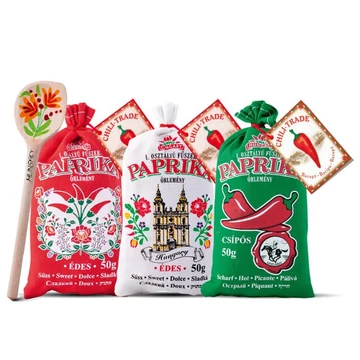 I. osztályú fűszerpaprika őrlemény 2x50g édes 1X50g csípős vászonzsákban + 1 db fakanál