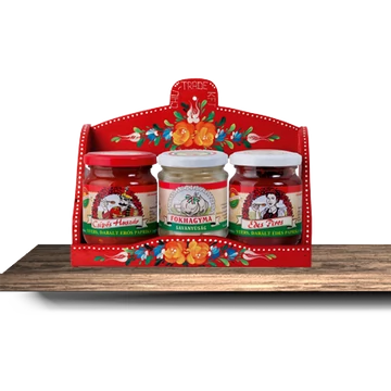 Krémes ajándékcsomag 1x210g édes paprikakrém 1x210g csípős paprikakrém 1x210g fokhagyma savanyúság 
