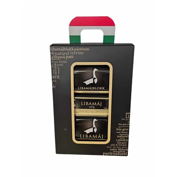 Libamájtermékek díszdobozban, Libamáj 100g, Libamájparfé 145g, Libamájblokk aszúborral 145g