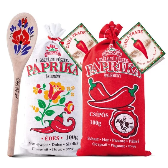 I. osztályú fűszerpaprika őrlemény 1x100g édes 1X100g csípős vászonzsákban + 1 db fakanál