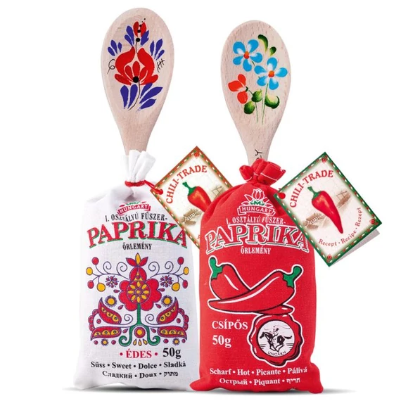 I. osztályú fűszerpaprika őrlemény 1x50g édes 1X50g csípős vászonzsákban + 2 db fakanál