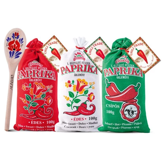 I. osztályú fűszerpaprika őrlemény 2x100g édes1X100 g csípős vászonzsákban + 1 db fakanál 