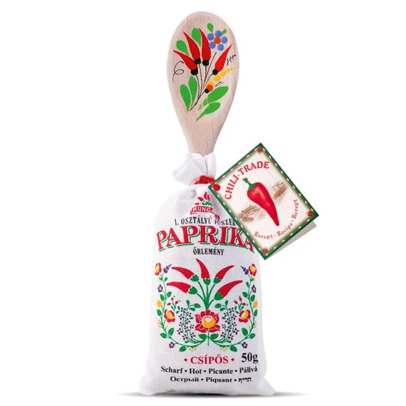 I. osztályú fűszerpaprika őrlemények fakanállal csípős 1X50g vászonzsákban