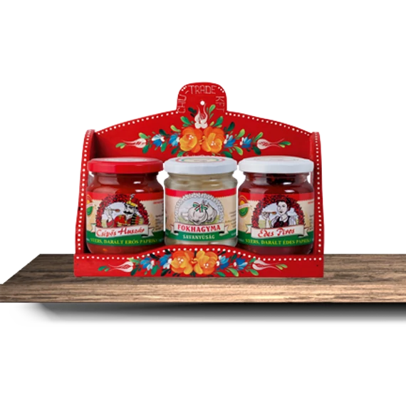 Krémes ajándékcsomag 1x210g édes paprikakrém 1x210g csípős paprikakrém 1x210g fokhagyma savanyúság 