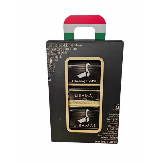 Libamájtermékek díszdobozban, Libamáj 100g, Libamájparfé 145g, Libamájblokk aszúborral 145g